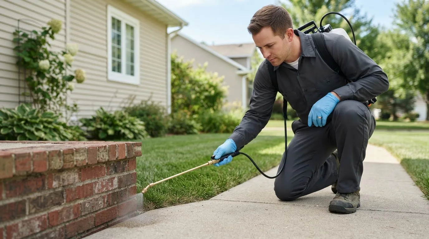 Pest control technician treating a home near Harrisville, NY