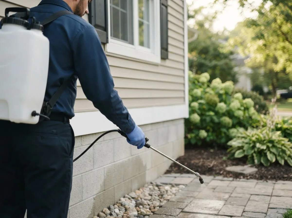 Pest control technician inspecting a home in Harrisville, NY